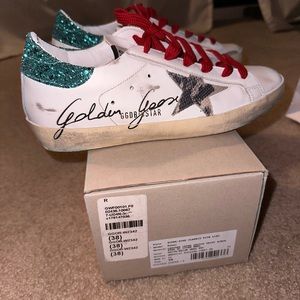 Size 38 Golden Goose Superstar Sneaker in White, Beige Grey Phyton, & Aquamarine